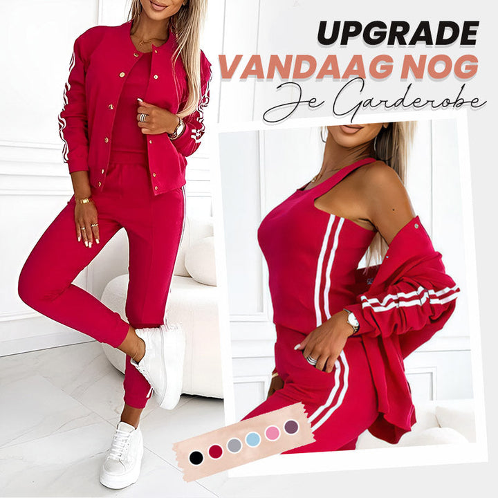 Ensemble 3 pièces femme veste teddy, débardeur et pantalon à bandes – Pauline - vue 1