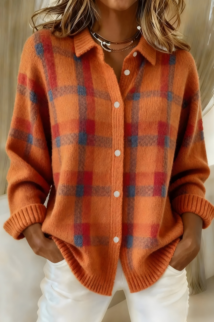 Cardigan femme à carreaux en maille douce et col chemise – Léa - Orange