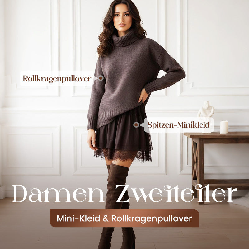 Ensemble femme pull long col roulé et robe courte en dentelle – Eugénie - vue 1