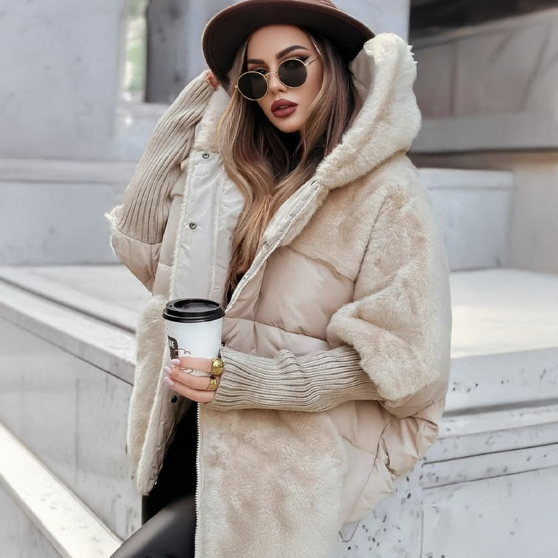 Doudoune oversize femme à capuche mêlant peluche et matelassé – Capucine - Beige