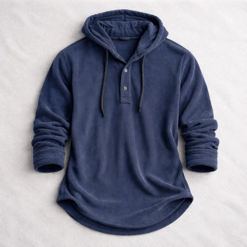 Pull à capuche homme en velours côtelé à col boutonné – Ivan – Bleu marine