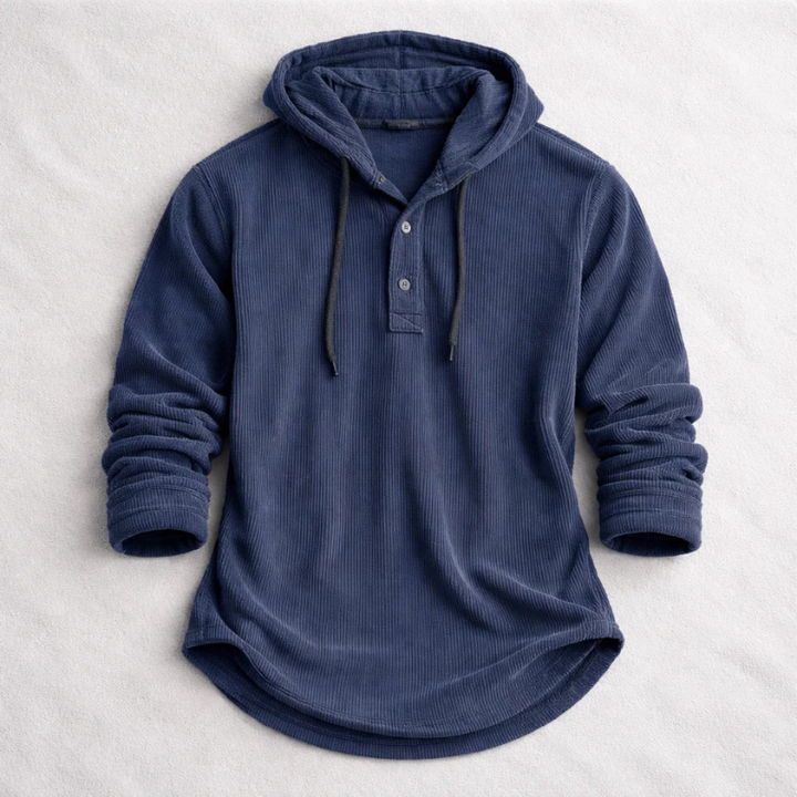 Pull à capuche homme en velours côtelé à col boutonné – Ivan – Bleu marine