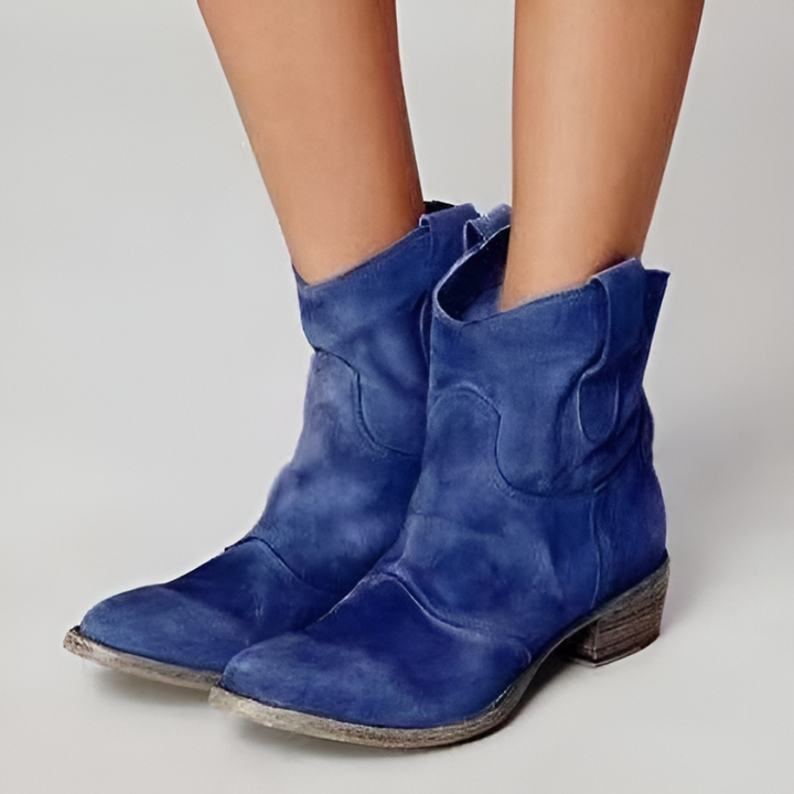 Bottines femme en daim souples à talon bloc bas – Colette – Bleu