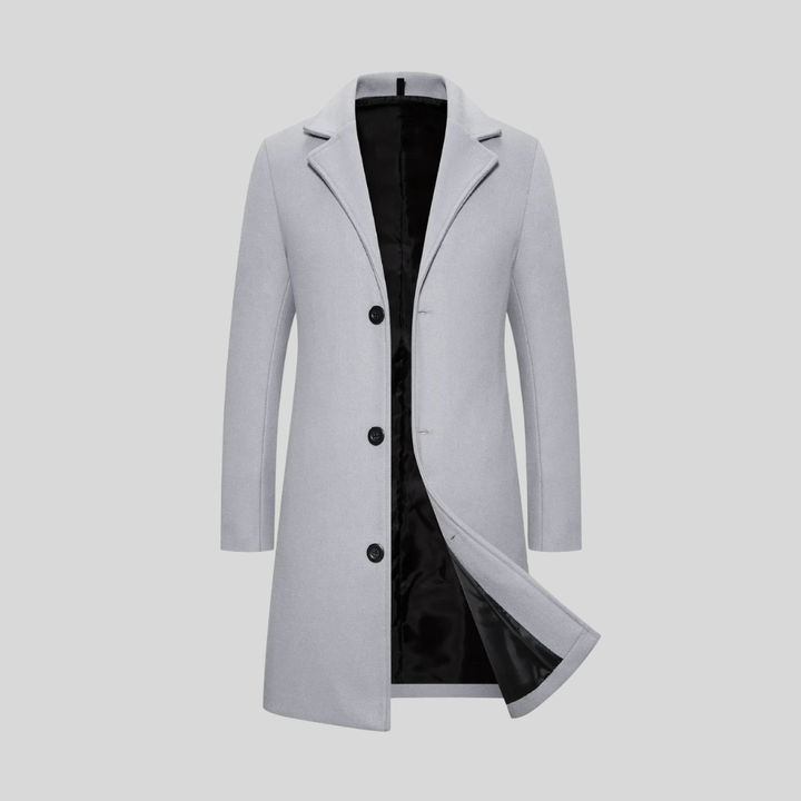 Manteau long homme élégant en laine à trois boutons – Augustin – Gris clair