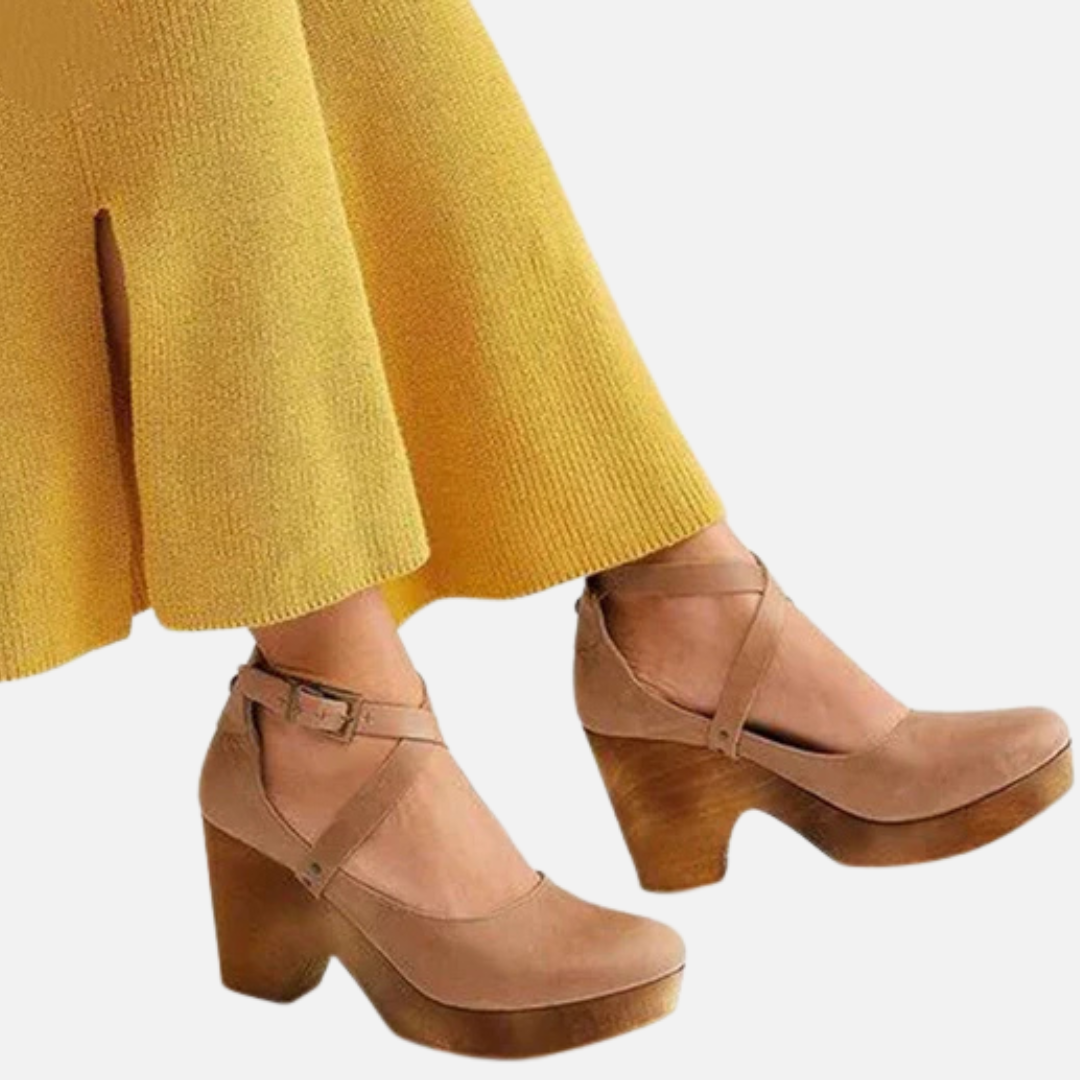 Sabots Mary Jane femme en cuir à plateforme et bride cheville – Rétro – Jaune