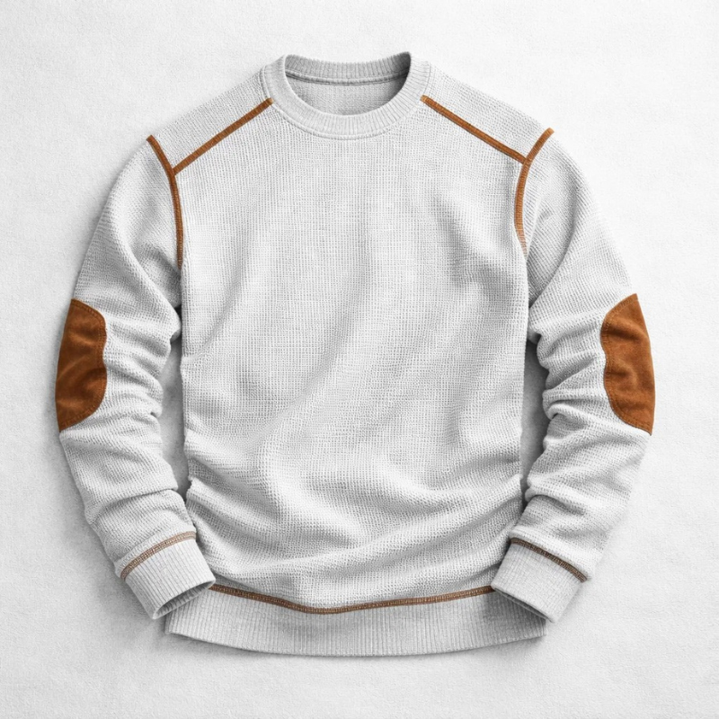 Pull homme texturé en maille gaufrée à coudières – Rémi – Blanc