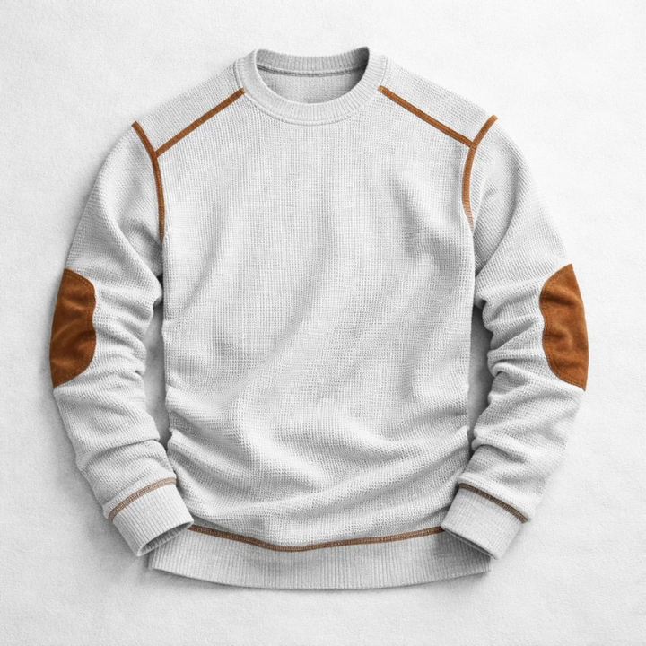 Pull homme texturé en maille gaufrée à coudières – Rémi – Blanc