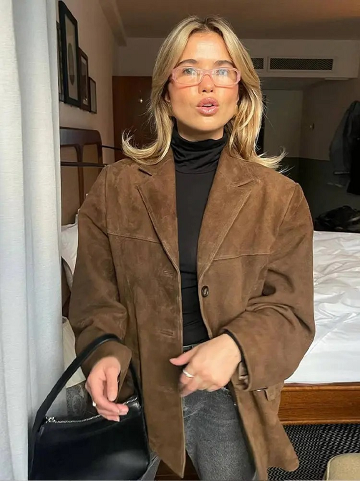 Veste blazer oversize femme effet daim marron – Jeanne