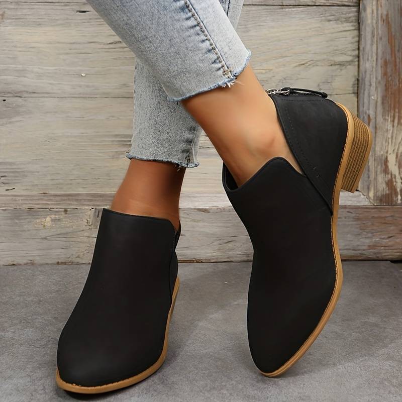 Bottines femme décontractées à enfiler et talon bas – Annette – Noir
