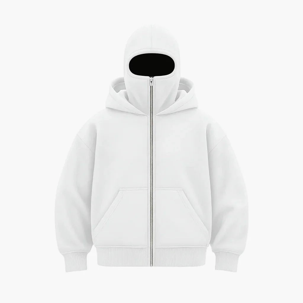 Sweat zippé à capuche unisexe urbain à cache-visage intégré – Matteo – Blanc