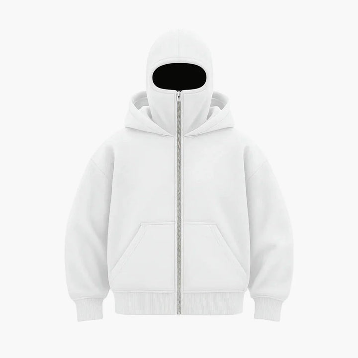 Sweat zippé à capuche unisexe urbain à cache-visage intégré – Matteo – Blanc