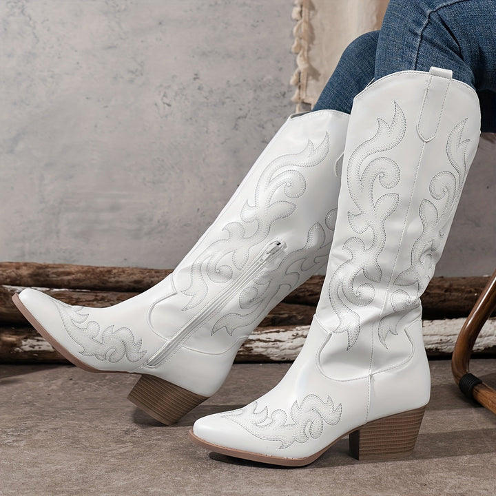 Bottes western femme blanches à tige brodée et talon bloc – Lina – vue 5
