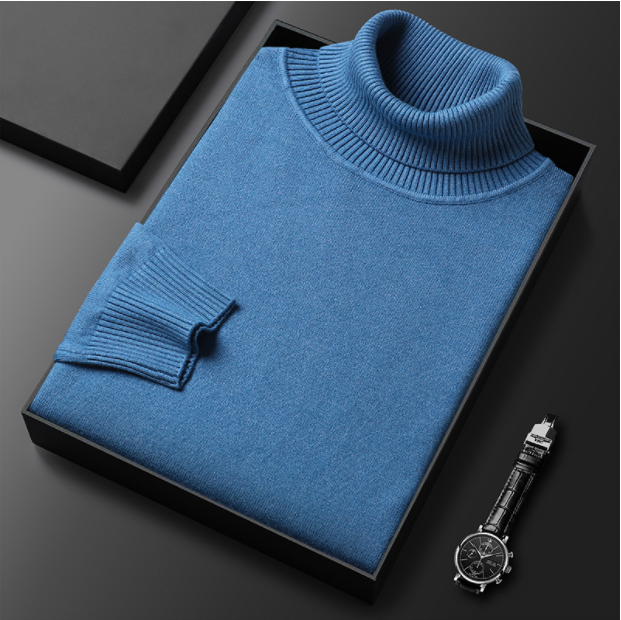 Pull col roulé homme en maille fine côtelée coupe ajustée – Étienne - Bleu