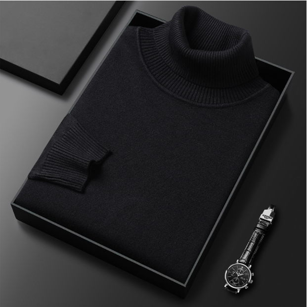 Pull col roulé homme en maille fine côtelée coupe ajustée – Étienne - Noir