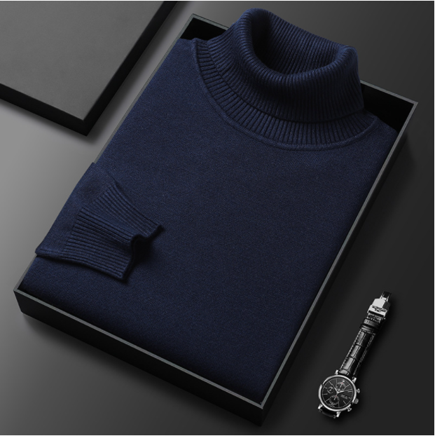 Pull col roulé homme en maille fine côtelée coupe ajustée – Étienne - Bleu marine