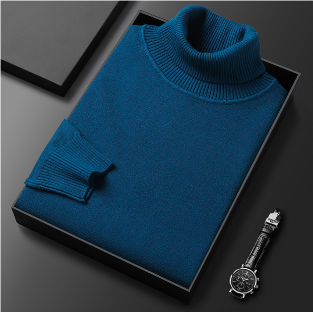 Pull col roulé homme en maille fine côtelée coupe ajustée – Étienne - Bleu foncé