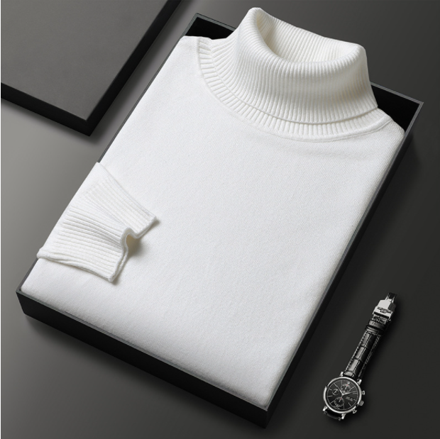Pull col roulé homme en maille fine côtelée coupe ajustée – Étienne - Blanc