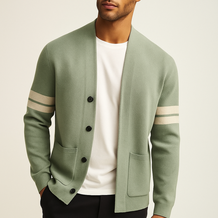 Cardigan boutonné homme en laine mérinos à rayures – Léon – vue 12