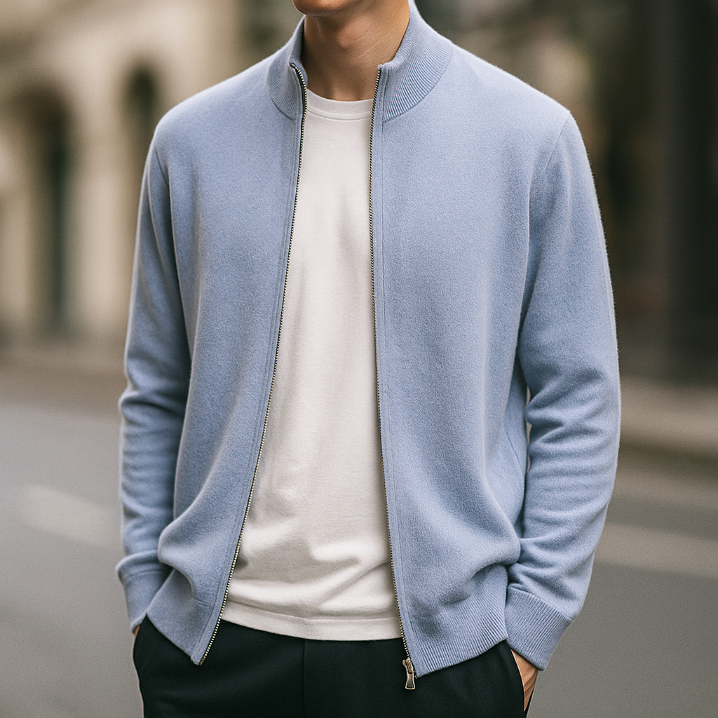 Cardigan zippé homme en maille fine à col côtelé – Théo – vue 10