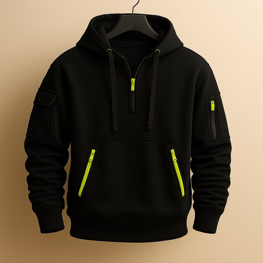 Sweat à capuche homme en polaire à demi-zip et poches zippées – Erik – Noir