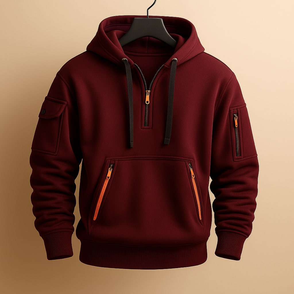 Sweat à capuche homme en polaire à demi-zip et poches zippées – Erik – Bordeaux