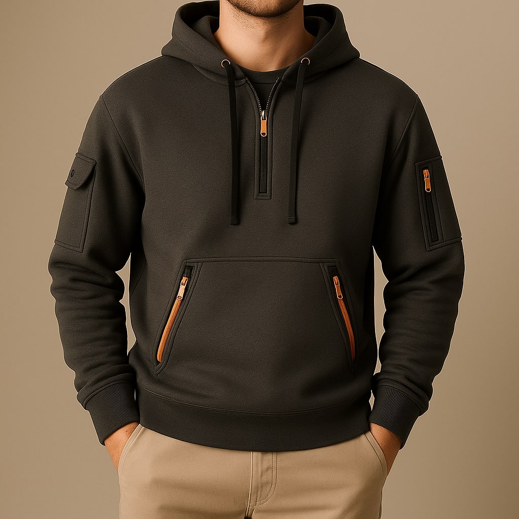 Sweat à capuche homme en polaire à demi-zip et poches zippées – Erik – vue 8