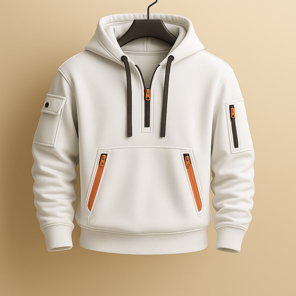 Sweat à capuche homme en polaire à demi-zip et poches zippées – Erik – Blanc