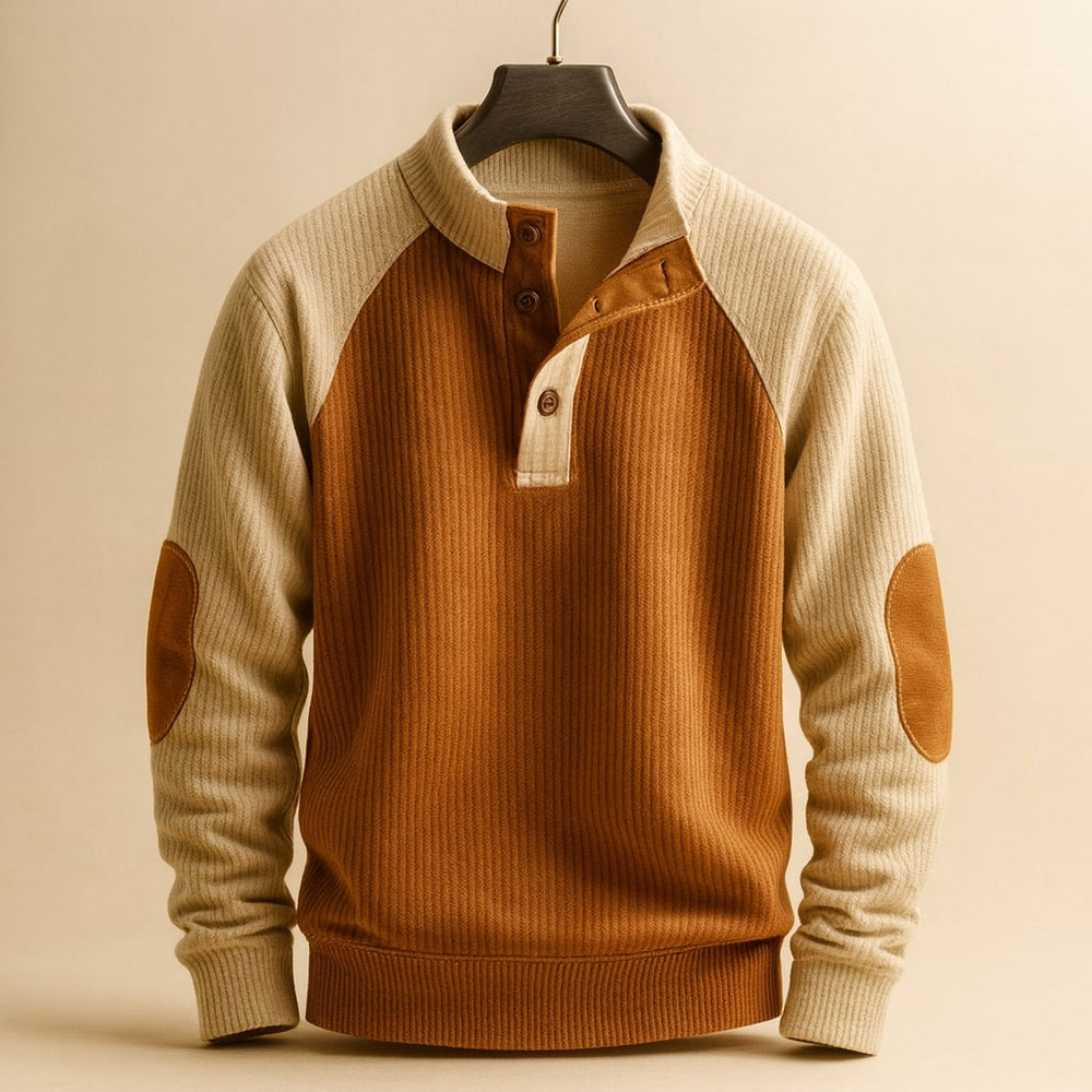 Pull homme en maille torsadée à col boutonné et coudières – Elliot – Marron