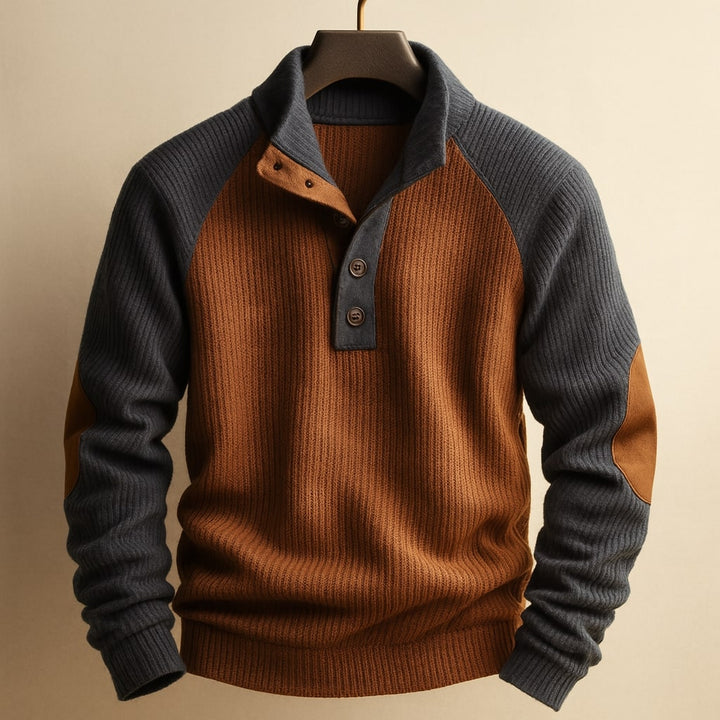 Pull homme en maille torsadée à col boutonné et coudières – Elliot – Bleu gris