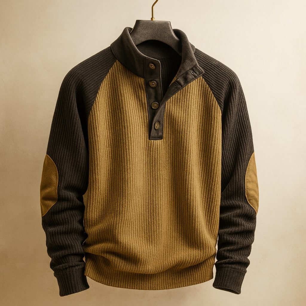 Pull homme en maille torsadée à col boutonné et coudières – Elliot – Vert