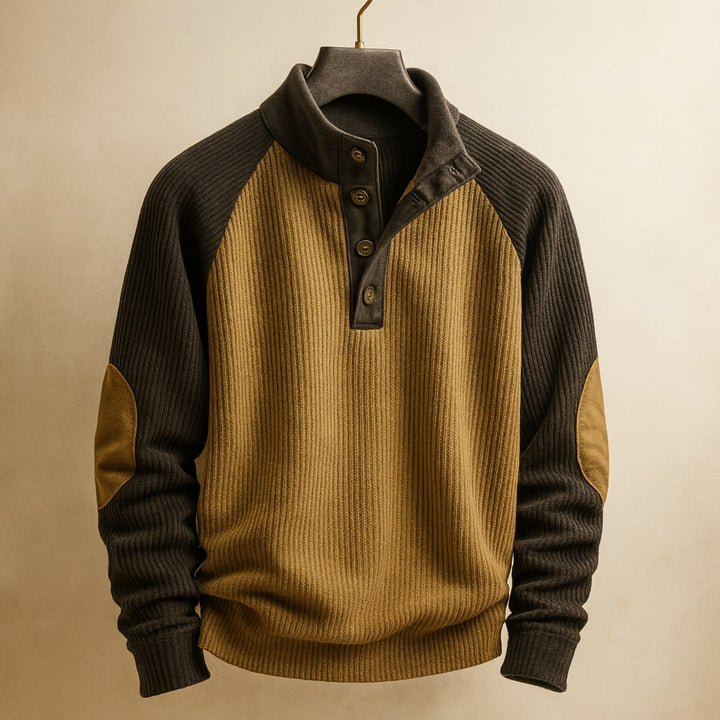 Pull homme en maille torsadée à col boutonné et coudières – Elliot – Vert