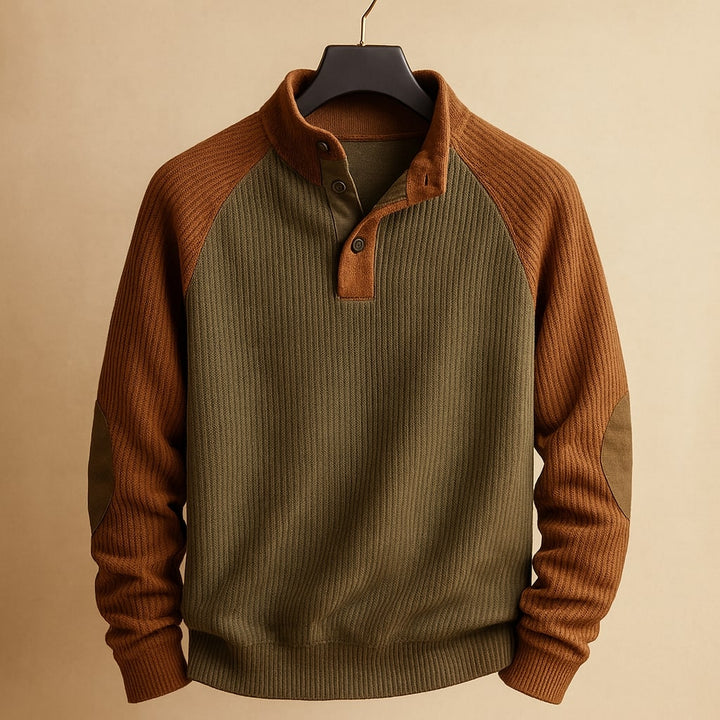 Pull homme en maille torsadée à col boutonné et coudières – Elliot – Vert armée