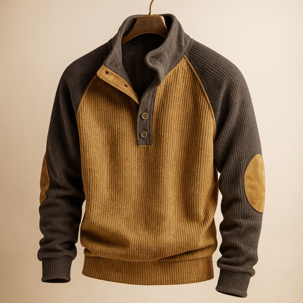 Pull homme en maille torsadée à col boutonné et coudières – Elliot – Kaki