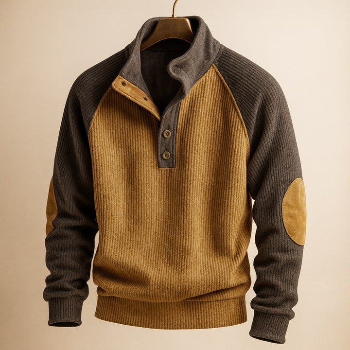 Pull homme en maille torsadée à col boutonné et coudières – Elliot – Kaki