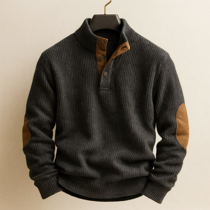 Pull homme en maille torsadée à col boutonné et coudières – Elliot – Noir