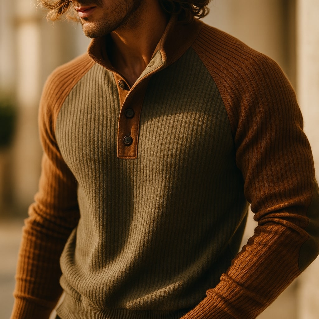 Pull homme en maille torsadée à col boutonné et coudières – Elliot – vue 10