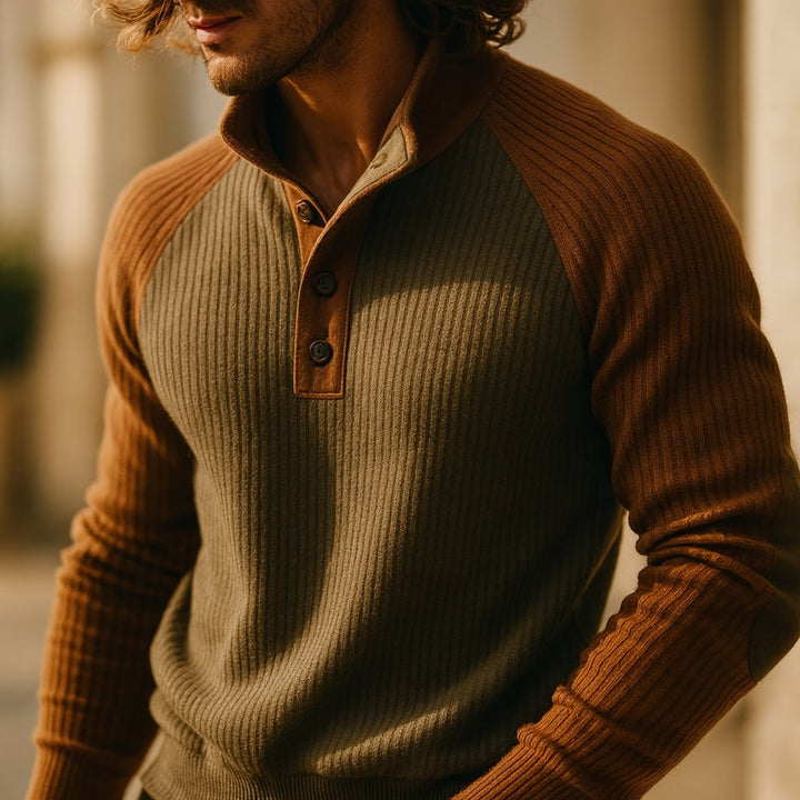 Pull homme en maille torsadée à col boutonné et coudières – Elliot – vue 10