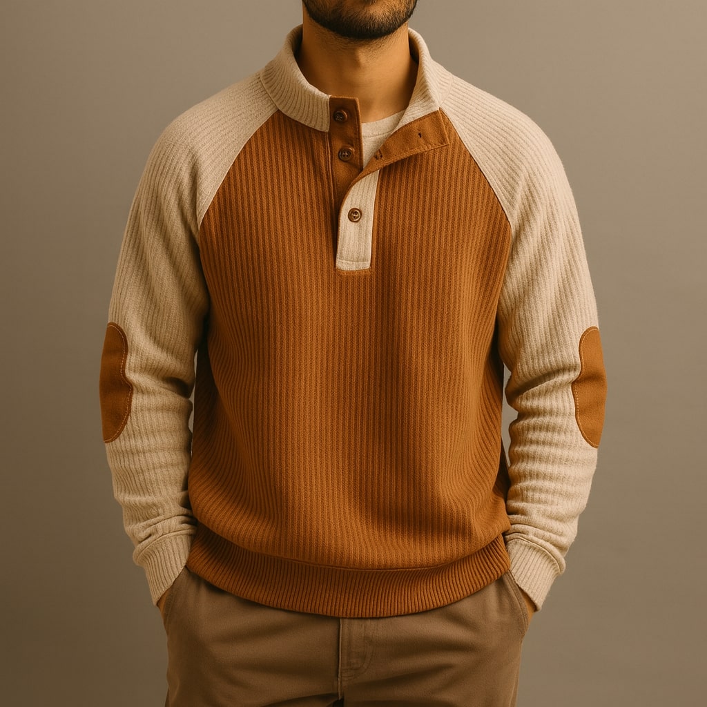 Pull homme en maille torsadée à col boutonné et coudières – Elliot – vue 8