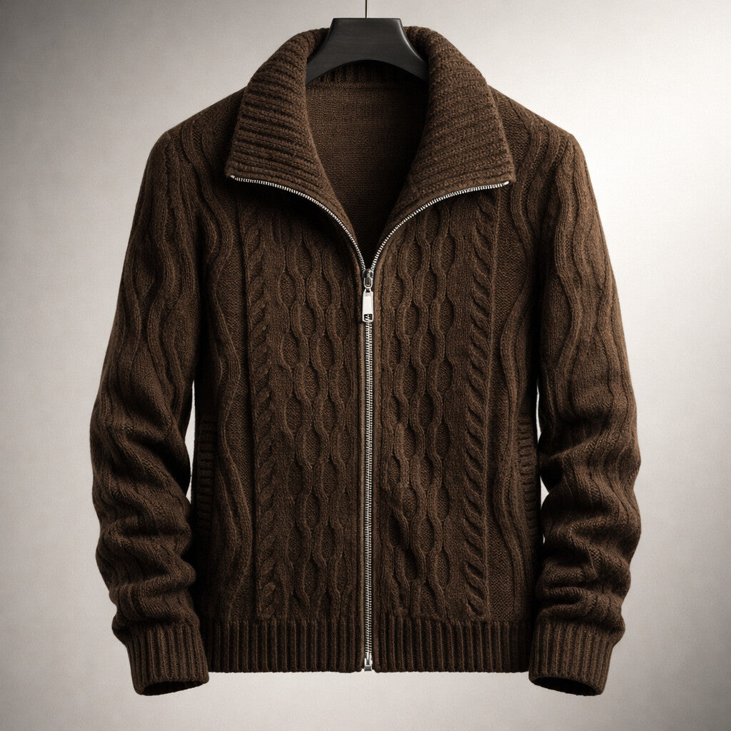 Cardigan zippé homme classique en maille dense à col haut – Sven – Marron foncé