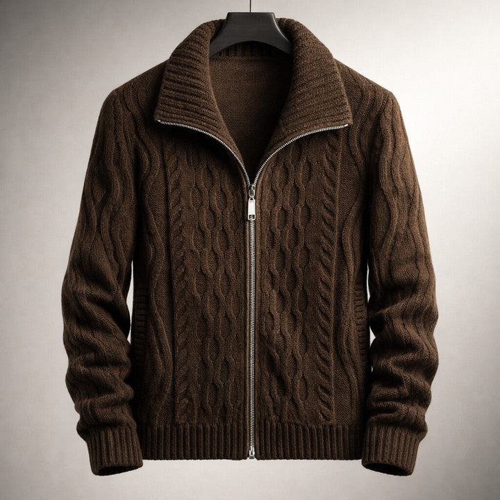 Cardigan zippé homme classique en maille dense à col haut – Sven – Marron foncé