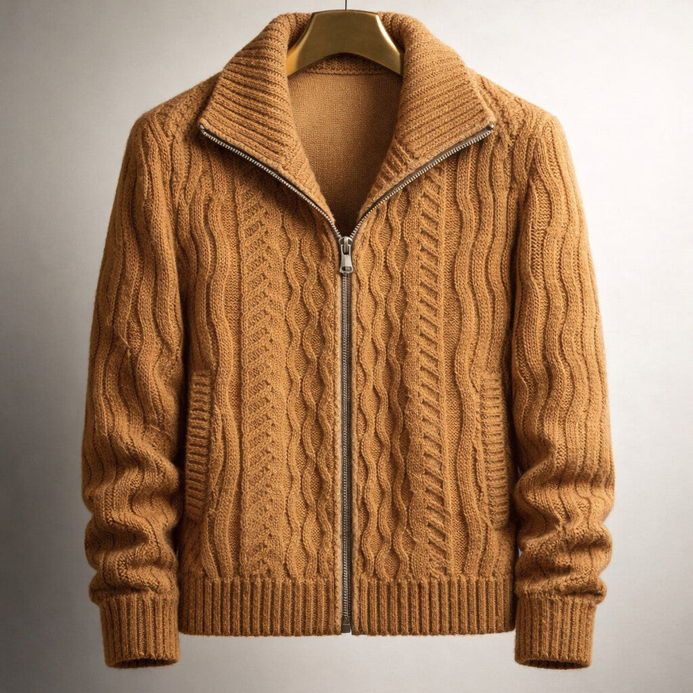 Cardigan zippé homme classique en maille dense à col haut – Sven – Marron