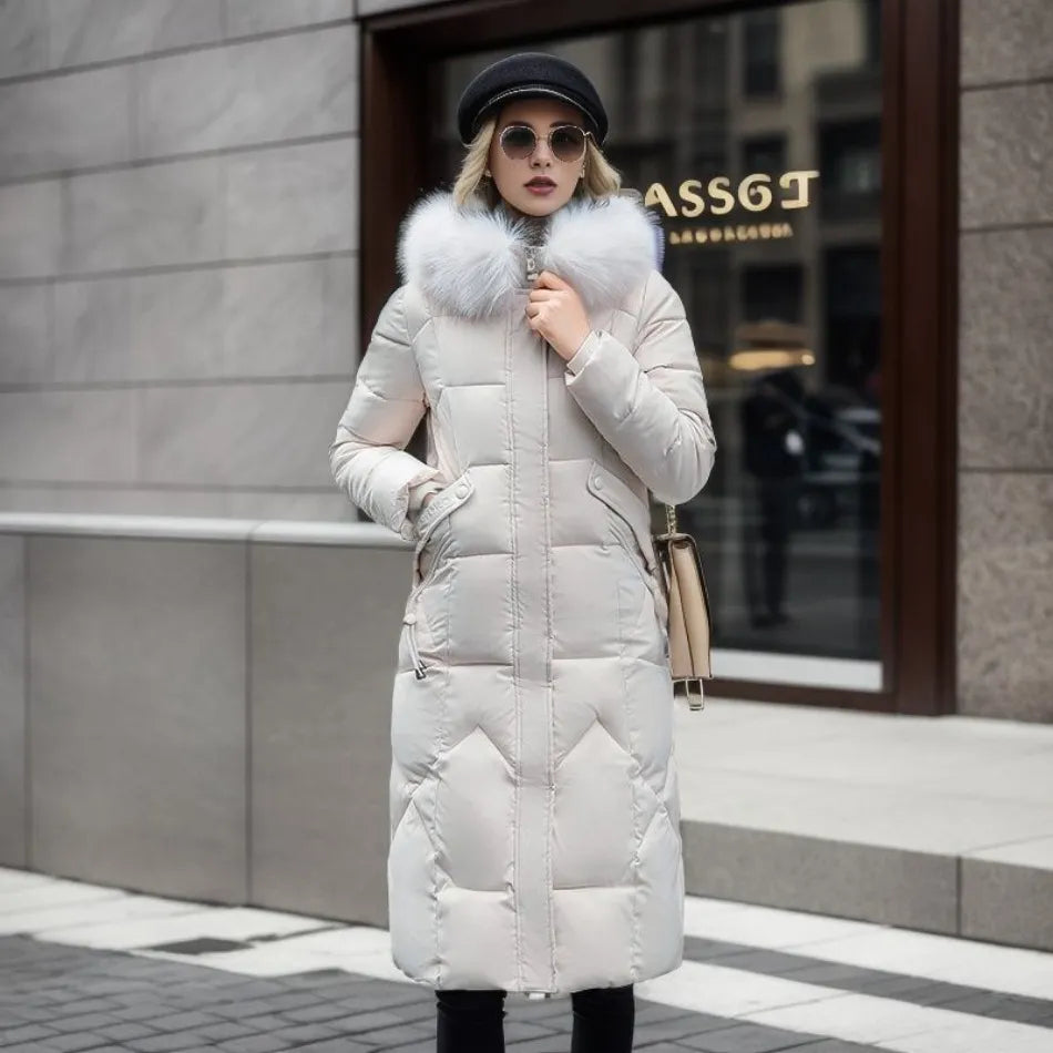 Manteau d'hiver long femme à capuche bordée de fourrure – Glamour – vue 2