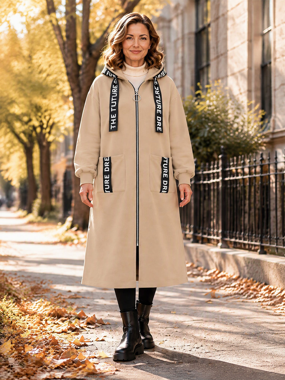 Manteau sweat long femme oversize zippé à capuche – Léonie - Abricot