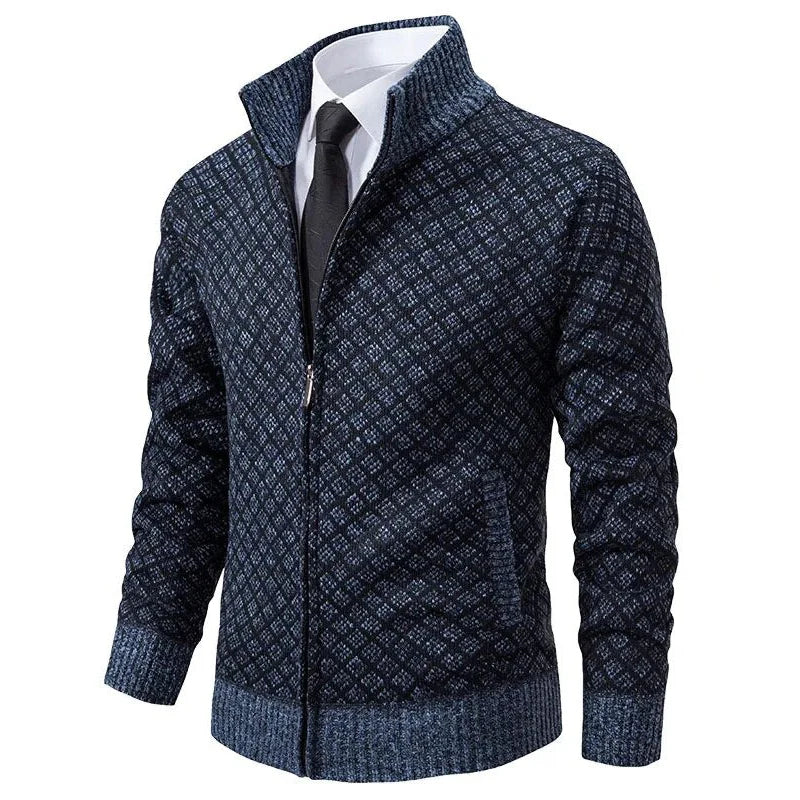 Cardigan zippé homme en maille gaufrée à col droit – Maxime – Bleu