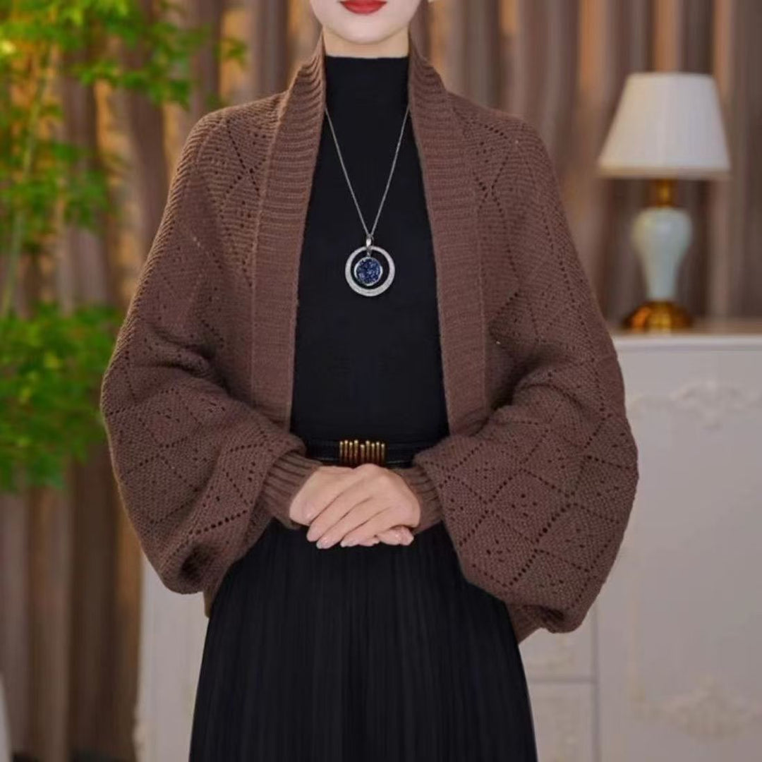 Gilet châle femme en maille ajourée à manches longues – Colette - Marron