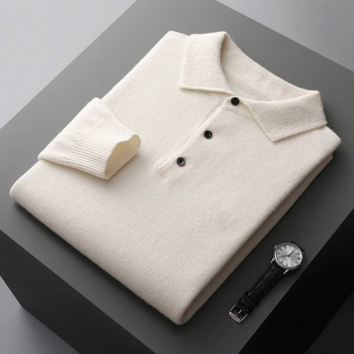 Pull polo homme élégant en maille façon cachemire à boutons – David – Blanc