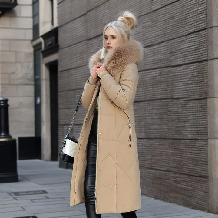 Manteau d'hiver long femme à capuche bordée de fourrure – Glamour – Kaki