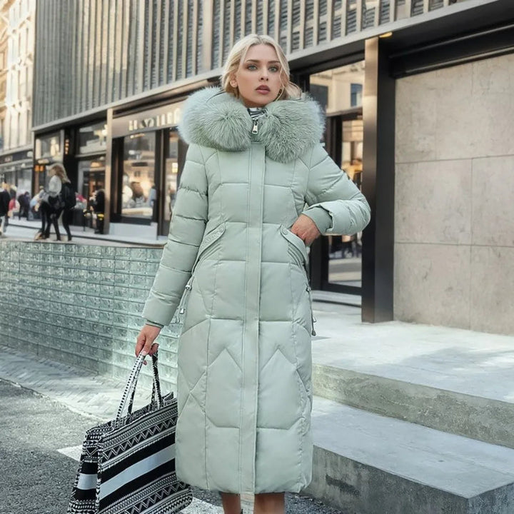 Manteau d'hiver long femme à capuche bordée de fourrure – Glamour – Vert