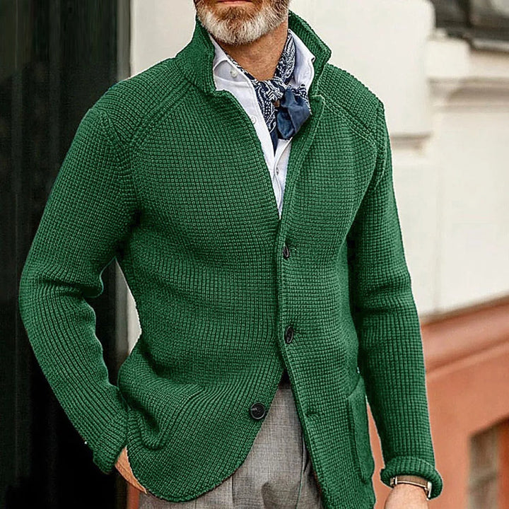 Cardigan homme élégant boutonné à col montant et poches – Louis – Vert