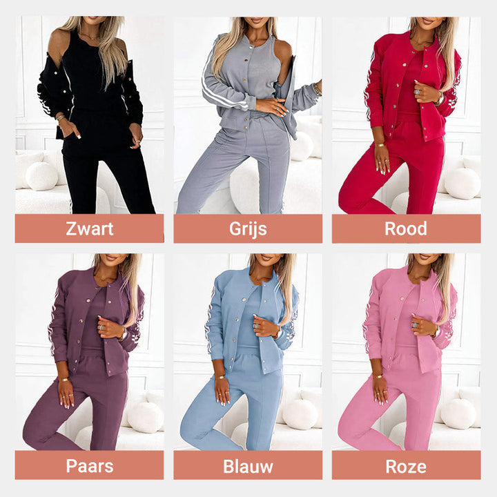 Ensemble 3 pièces femme veste teddy, débardeur et pantalon à bandes – Pauline - vue 2